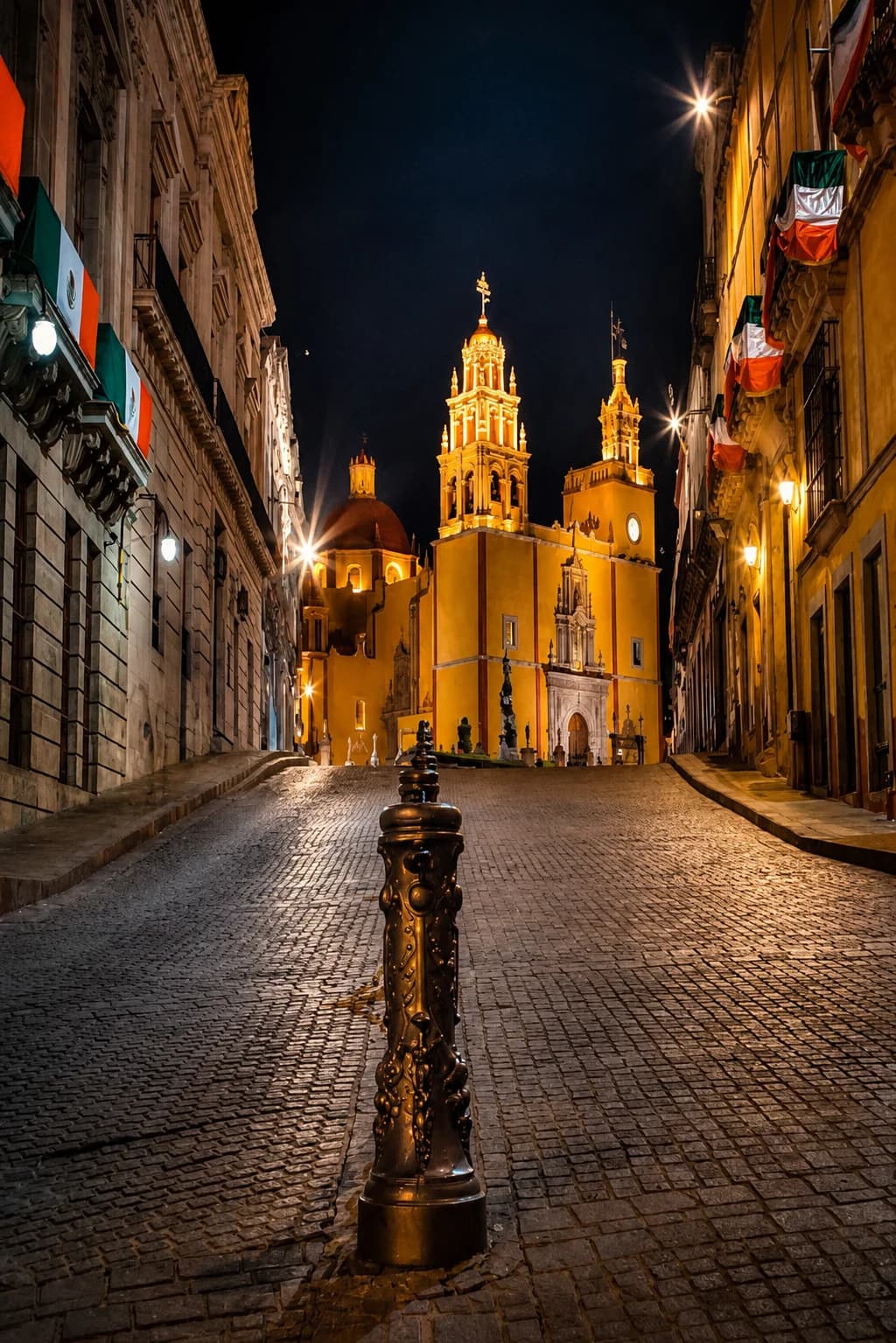 Basílica de Guanajuato iluminada para agendar asesoría inmobiliaria