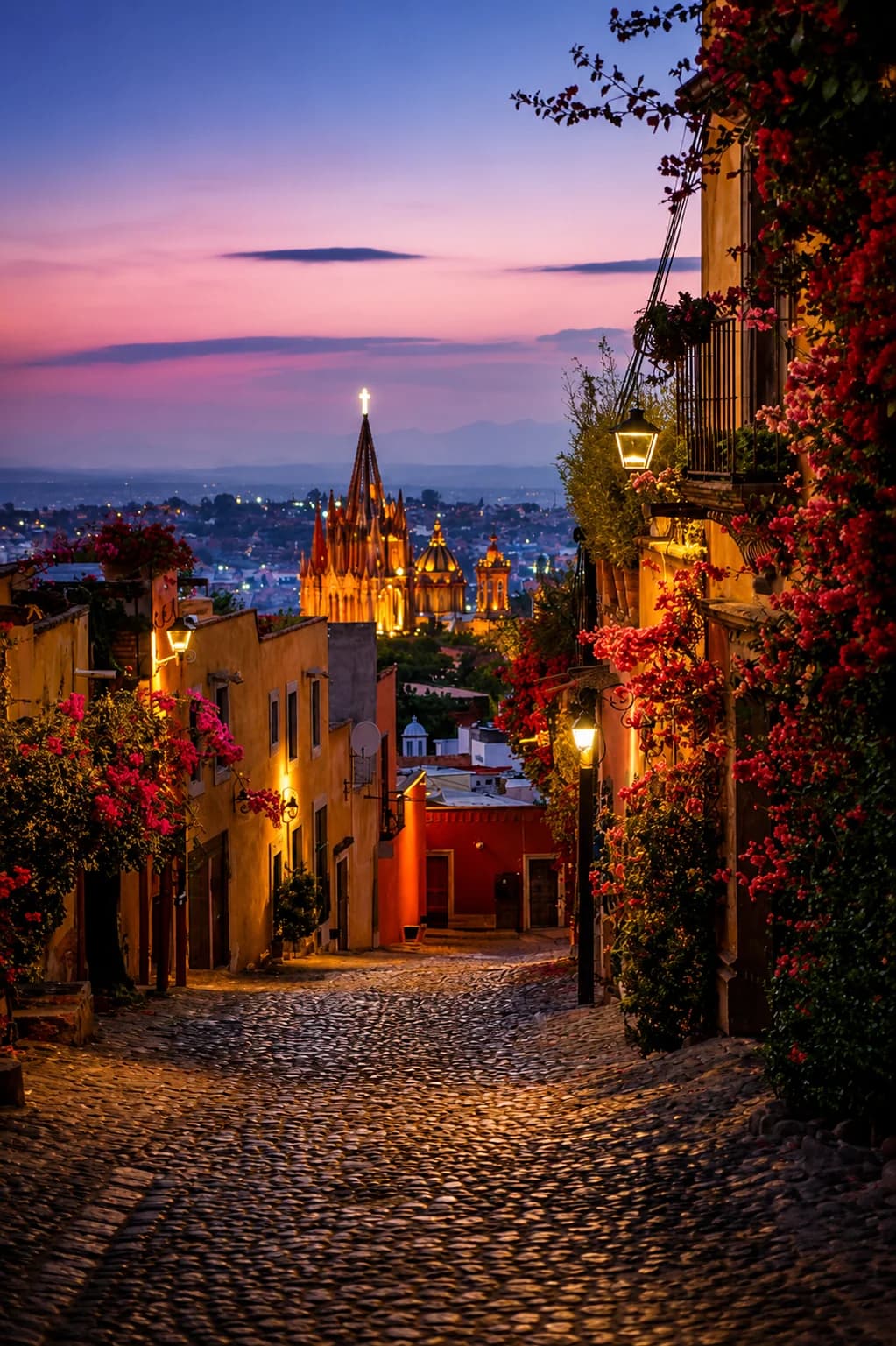 Calle patrimonial de Guanajuato con vista a la Basílica al atardecer