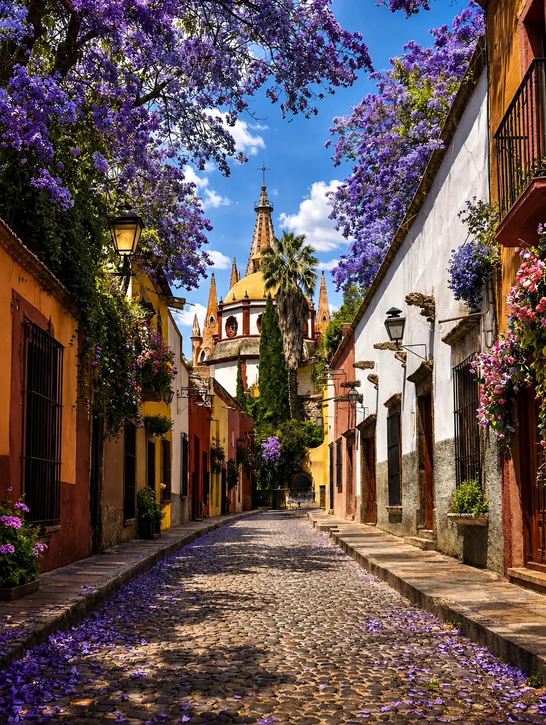 Calle luminosa de Guanajuato con cantera, vegetación y escala humana